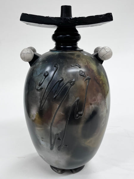 Large Bottle shaped vase with Raku knobs and lid (GS284)