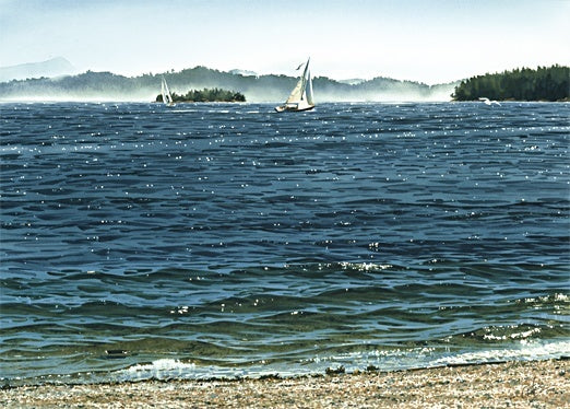 Carol Evans b artwork 'Sailboats off Beddis Beach' at White Rock Gallery