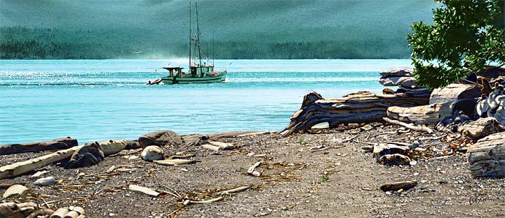 Carol Evans b artwork 'Fish Boat Off Kuper Island' at White Rock Gallery