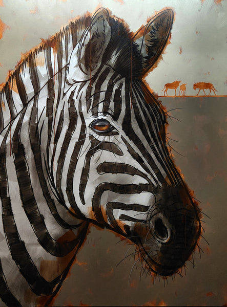 Glen Melville artwork 'Zebra and Blue Wildebeest. No.2' at White Rock Gallery